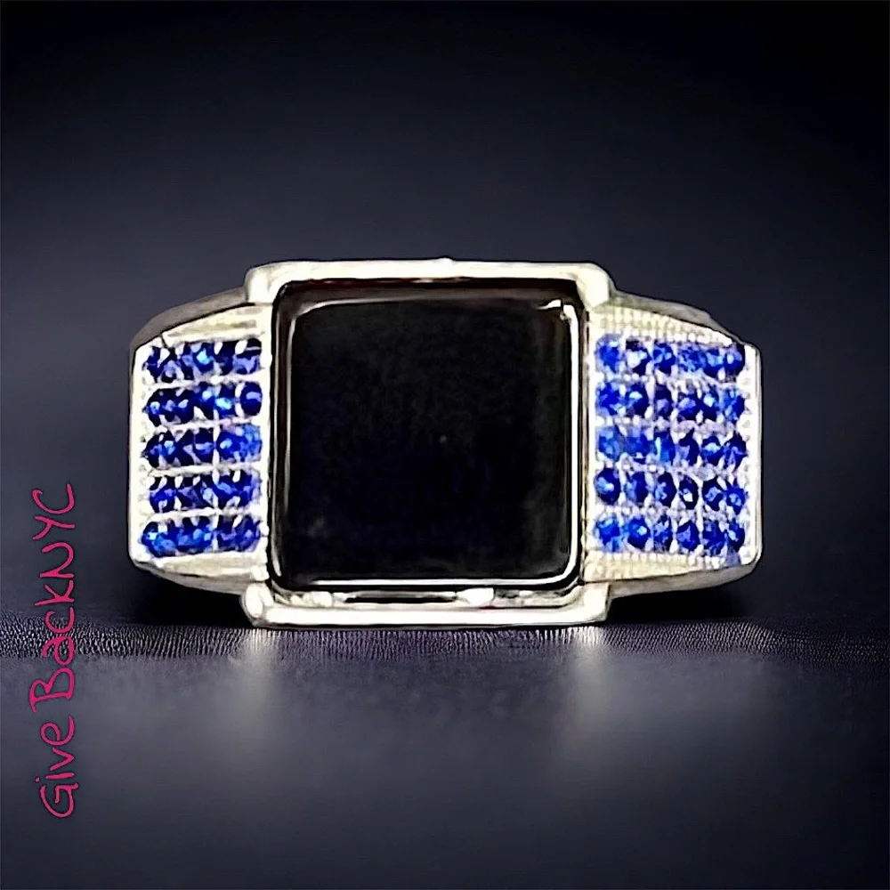 Silver Toned Square Black Onyx Ring Size 13